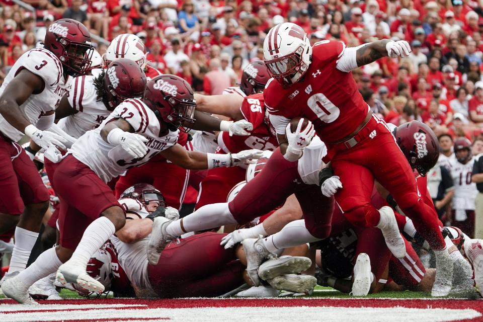 Wisconsin's Braelon Allen (0) runs for a touchdown during the first half of an NCAA college football game against the New Mexico State Saturday, Sept. 17, 2022, in Madison, Wis. (AP Photo/Morry Gash)