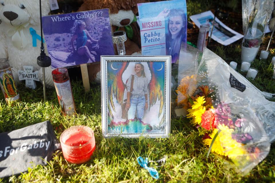 A makeshift memorial dedicated to missing woman Gabby Petito is located near City Hall on September 20, 2021 in North Port, Florida.