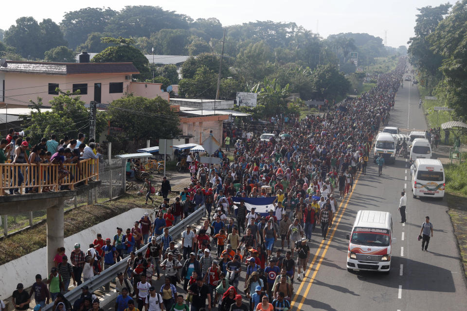 A group of Honduran migrants in Ciudad Hidalgo, Mexico, on Saturday. (AP Photo/Moises Castillo)