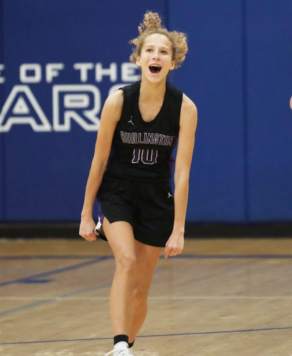 Burlington freshman Mylee Stiefel celebrates the Burlington win over Danville Monday night at Danville. The win snapped Burlington's 40-game losing skid.