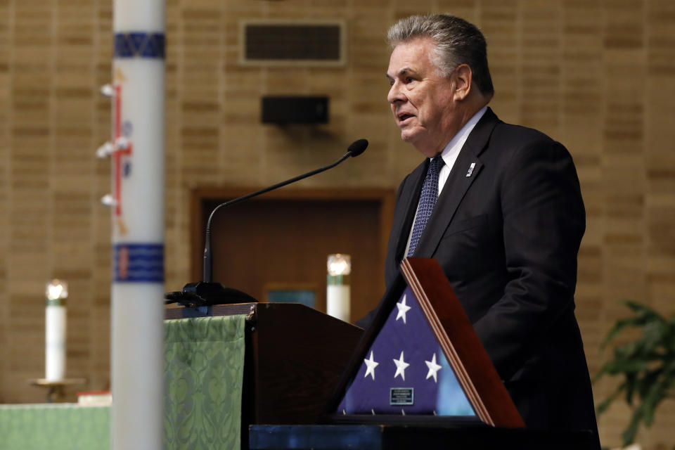 U.S. Congressman Peter King speaks during the funeral for Evelyn Rodriguez, at Saint Anne's Roman Catholic Church, in Brentwood, N.Y., Friday, Sept. 21, 2018. Rodriguez, 50, is a mother recognized by President Donald Trump for turning grief over her daughter's suspected gang killing into a crusade against MS-13. She was struck and killed by an SUV on Sept. 14 after a heated confrontation with the driver over the placement of a memorial to her slain daughter, Kayla Cuevas. (AP Photo/Richard Drew)