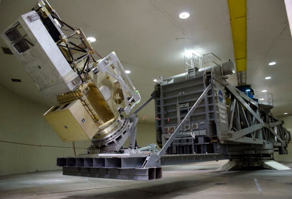 NASA technicians spun the Global Precipitation Monitor (GPM) satellite up to just over 10 RPM in Goddard Space Flight Center’s High-Capacity Centrifuge facility March 31, 2011. At that speed, the spin exerted a lateral pressure of 2.4 G’s, or 2