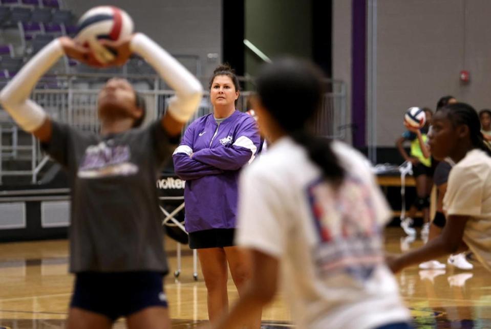 Crowley varsity volleyball coach Catherine Bruder leads tryouts for the upcoming season’s team on Monday, August 1, 2022. This will be Bruder’s final season coaching the Eagles.