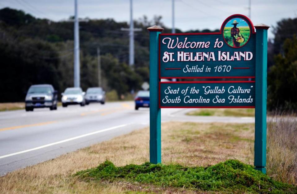 The welcome to St. Helena Island sign near the intersection of Oaks Plantation Road and Sea Island Parkway.
