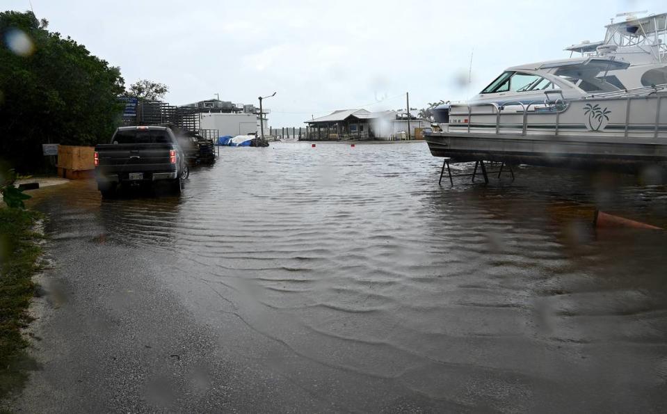 Parking lot at Cortez Kitchen is flooded after Hurricane Idalia passed on August 30, 2023.