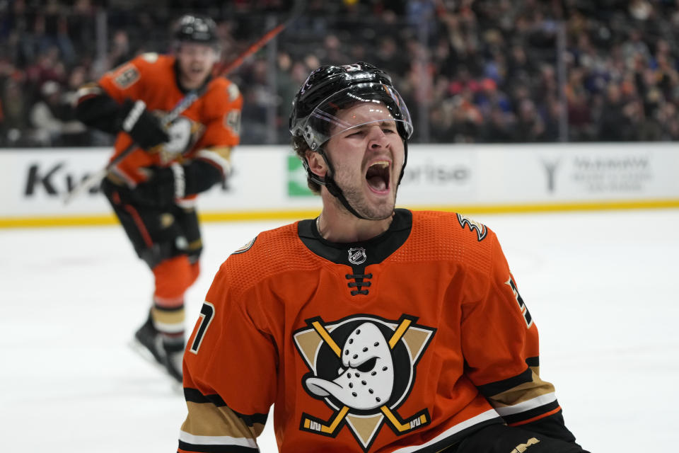 Anaheim Ducks' Mason McTavish celebrates his goal against the New York Rangers during the first period of an NHL hockey game Wednesday, Nov. 23, 2022, in Anaheim, Calif. (AP Photo/Jae C. Hong)