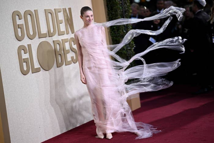 Person in elaborate dress with flowing transparent sleeves on the Golden Globes red carpet