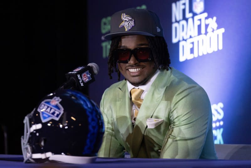 Edge rusher Dallas Turner. who was selected by the Minnesota Vikings in the first round of the 2024 NFL Draft, speaks to reporters Thursday in Detroit. Photo by Rena Laverty/UPI