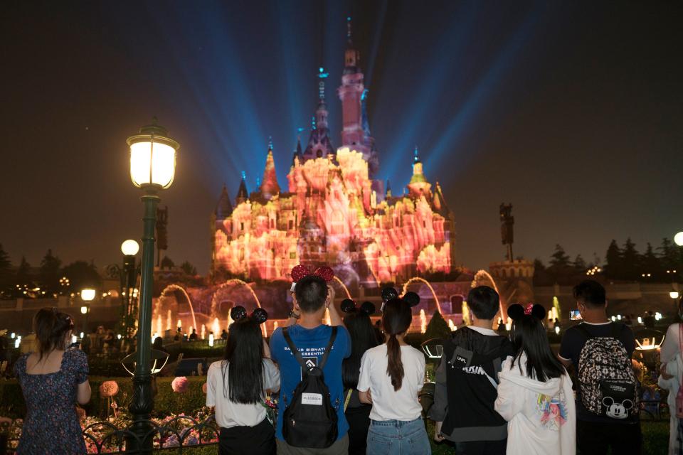 This image shows Disneyland and night while people look at lights behind the castle.