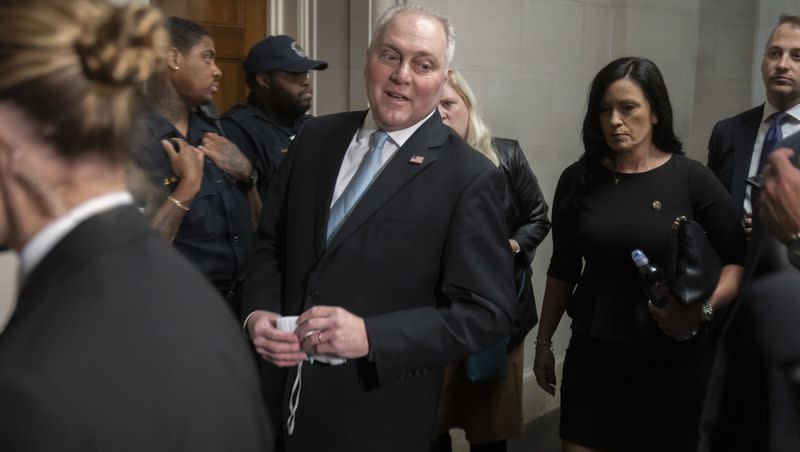 House Majority Leader Steve Scalise, R-La., speaks to reporters as he arrives for a meeting of House Republicans to vote on candidates for speaker of the House on Capitol Hill on Wednesday, Oct. 11, 2023, in Washington.