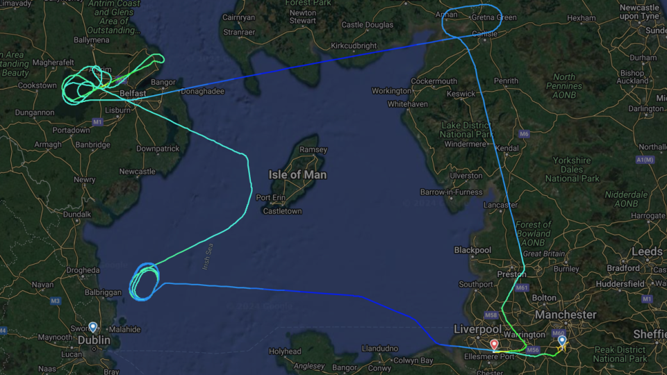 A holding pattern nightmare happened during Storm Isha in January: This Ryanair Manchester-Dublin flight first was on hold around Dublin, then attempted to land in Belfast before circling over Glasgow and then landing in Liverpool – 31 miles (50 kilometers) away from the departure airport. - FlightRadar24