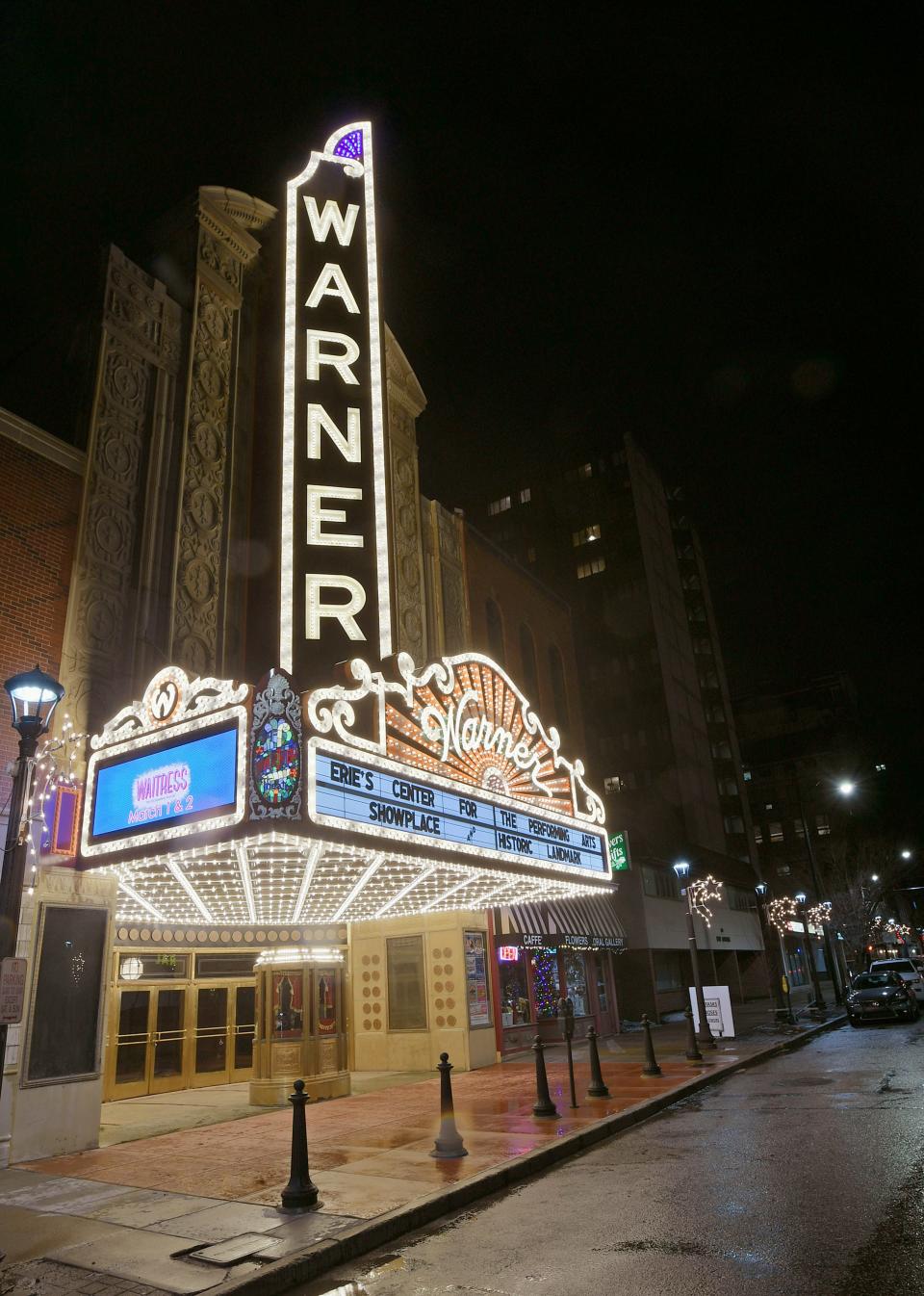 After more than 40 years, the marquee on the front of the Warner Theatre, 811 State St. in downtown Erie, was re-lit in December. The marquee and the vertical u0022Warneru0022 signs are filled with 6,910 LED lights, cost $700,000 and is a replica of the original marquee, which was part of the iconic art deco theater, which opened in 1931.