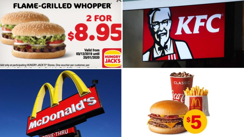 Clockwise from top left: a Hungry Jack's voucher, a KFC sign, a Double Bacon n Cheese meal and a McDonald's sign.