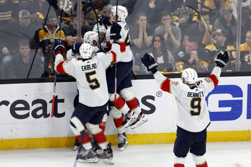 Florida Panthers' Carter Verhaeghe (23) celebrates after his goal in overtime during Game 7 of an NHL hockey Stanley Cup first-round playoff series against the Boston Bruins, Sunday, April 30, 2023, in Boston. (AP Photo/Michael Dwyer)