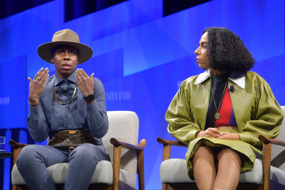 BEVERLY HILLS, CALIFORNIA - OCTOBER 22: (L-R) Lena Waithe and Melina Matsoukas speak onstage during 'V.F. Sneak Peek: "Queen & Slim"' at Vanity Fair's 6th Annual New Establishment Summit at Wallis Annenberg Center for the Performing Arts on October 22, 2019 in Beverly Hills, California. (Photo by Matt Winkelmeyer/Getty Images for Vanity Fair)