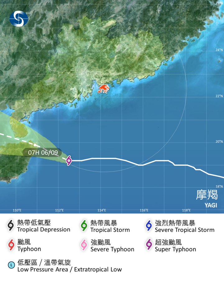 超強颱風 摩羯在香港時間 2024 年 09 月 06 日 07 時的最新資料；位置:  北緯 19.2 度，東經 112.5 度 (即香港之西南偏南約 390 公里)；中心附近最高持續風速:  每小時 230 公里；摩羯會在今日橫過南海北部，大致移向海南島至雷州半島一帶。