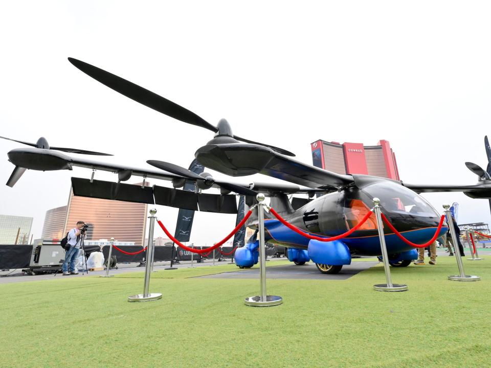 The prototype Aska A5 flying car is displayed at CES 2023 at the Las Vegas Convention Center.