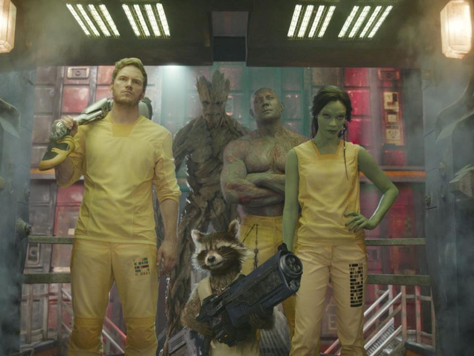 Chris Pratt, Vin Diesel, Dave Bautista, Zoe Saldaña and Bradley Cooper star in ‘Guardians of the Galaxy’ (Marvel Studios/Kobal/Shutterstock)