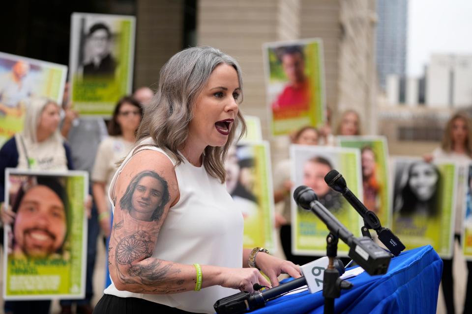 Stefanie Turner, mother of fentanyl victim Tucker Roe, speaks at news conference Friday at the U.S. Courthouse in Austin. During a sentencing hearing earlier that day, she offered her forgiveness to the 21-year-old drug dealer she blames for her son’s death.