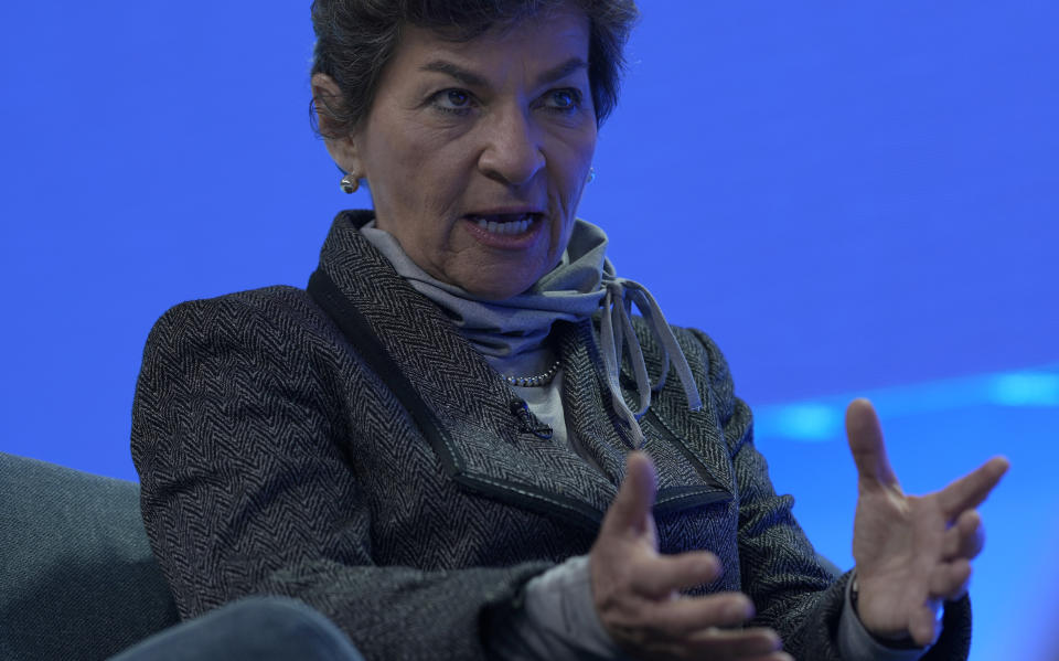 Christiana Figueres, former UN climate chief who led the 2015 Paris accord, speaks to The Associated Press in Glasgow, Scotland, Sunday, Oct. 31, 2021. The U.N. climate summit in Glasgow formally opens Sunday, a day before leaders from around the world gather in Scotland's biggest city to lay out their vision for addressing the common challenge of global warming. (AP Photo/Alastair Grant)