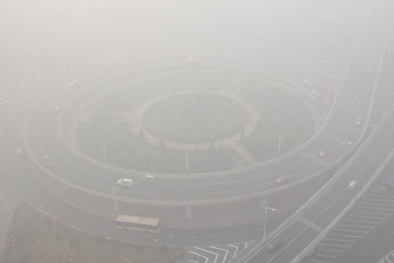 Streets and cars are seen under heavy smog in Harbin, northeast China's Heilongjiang province, on October 21, 2013