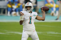 Miami Dolphins quarterback Tua Tagovailoa (1) looks to pass the football during the first half of an NFL football game against the Los Angeles Chargers, Sunday, Nov. 15, 2020, in Miami Gardens, Fla. (AP Photo/Wilfredo Lee)