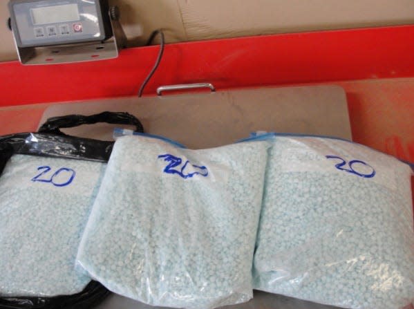 A state trooper found three bags of blue pills believed to be fentanyl in a duffle bag in the rear seat of a 2023 Nissan Rogue during a traffic stop on I-40 near Conway on Tuesday. The driver was arrested.