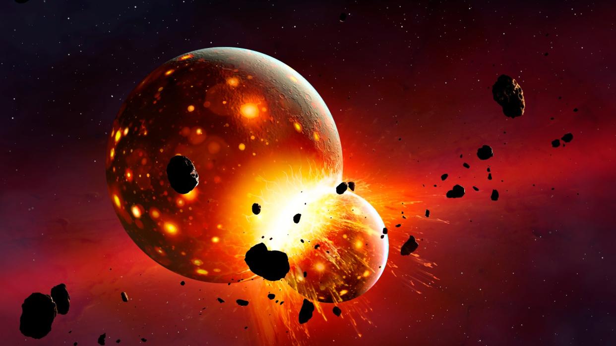  Two planets collide, sending fiery rocks into space. 