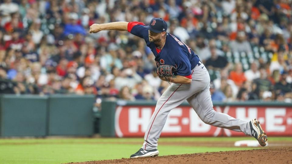 May 31, 2021;  Houston, Texas, USA;  Boston Red Sox relief pitcher Colten Brewer (48) pitches against the Houston Astros in the fifth inning at Minute Maid Park.