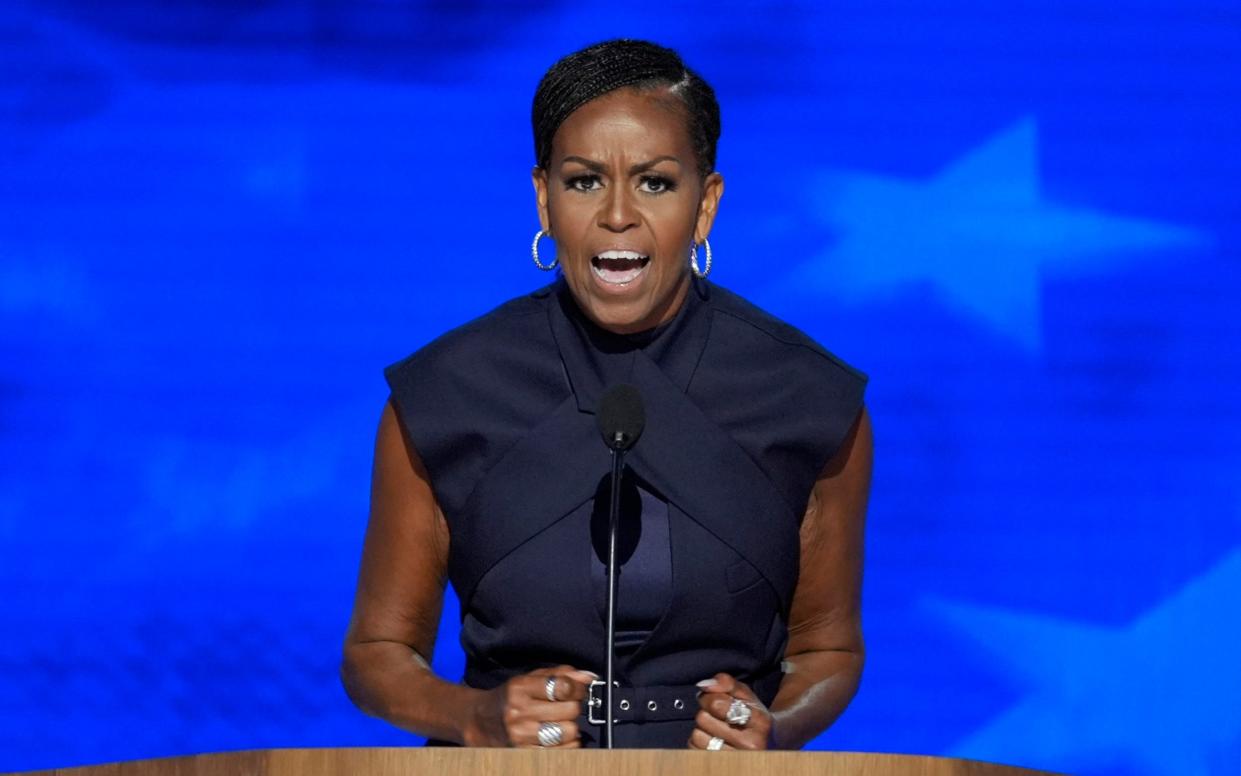 Former first lady Michelle Obama speaking during the Democratic National Convention