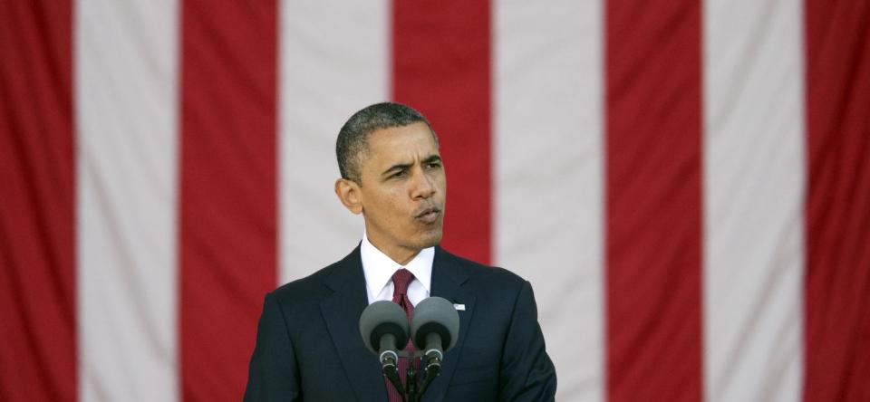 President Barack Obama speaks at the annual Veterans Day commemoration at Arlington National Cemetery in Arlington, Va., Sunday, Nov. 11, 2012. (AP Photo/Manuel Balce Ceneta)