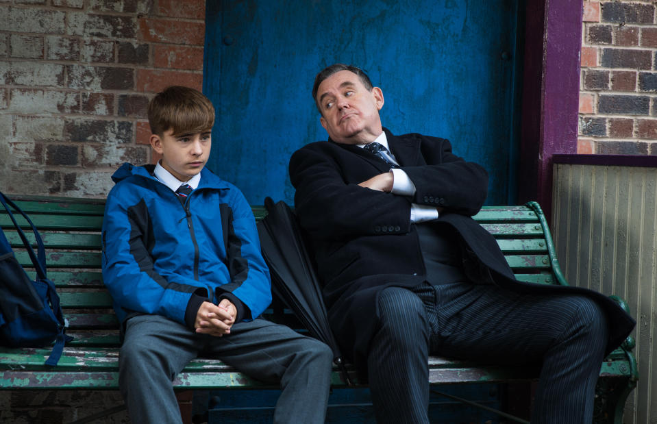 FROM ITV

STRICT EMBARGO - No Use Before Tuesday 21st November 2023

Coronation Street - Ep 1112324

Wednesday 29th November 2023

George Shuttleworth [TONY MAUDSLEY] can see Liam Connor [CHARLIE WRENSHALL] is being bullied at school and tries to get him to open up by talking about his own experiences. 

Picture contact - David.crook@itv.com

This photograph is (C) ITV and can only be reproduced for editorial purposes directly in connection with the programme or event mentioned above, or ITV plc. This photograph must not be manipulated [excluding basic cropping] in a manner which alters the visual appearance of the person photographed deemed detrimental or inappropriate by ITV plc Picture Desk. This photograph must not be syndicated to any other company, publication or website, or permanently archived, without the express written permission of ITV Picture Desk. Full Terms and conditions are available on the website www.itv.com/presscentre/itvpictures/terms
