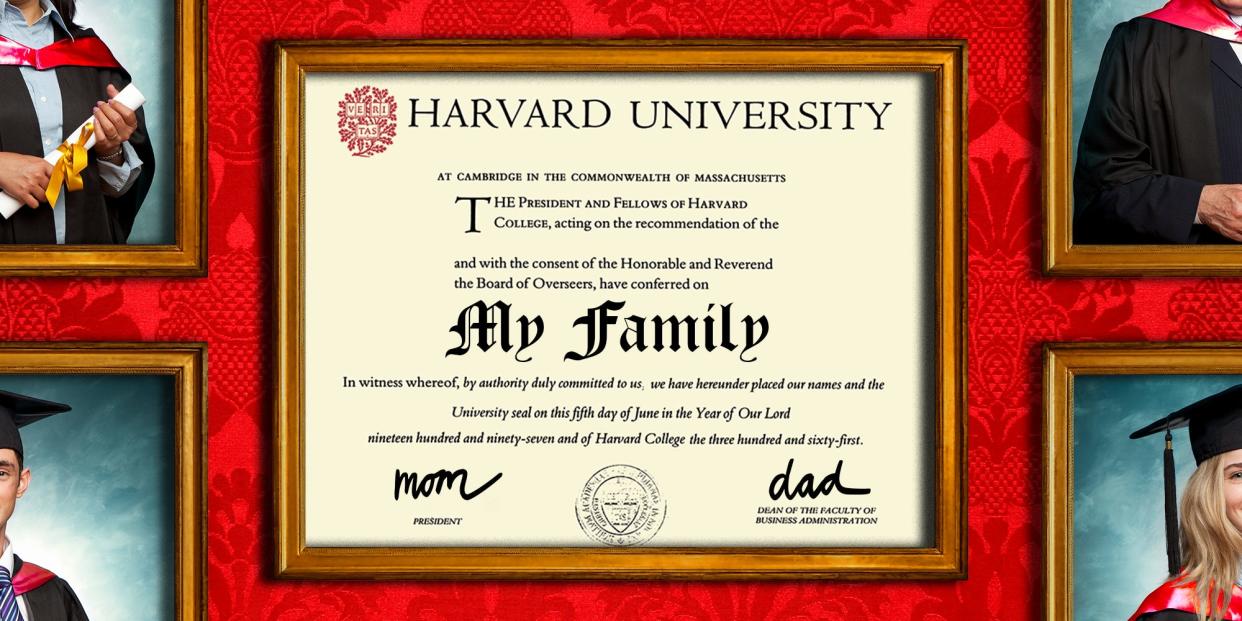 A wall containing family pictures, and a Harvard Certificate