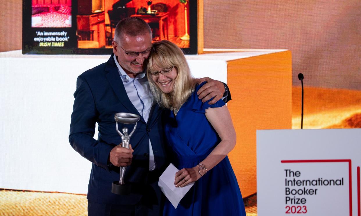 <span>Bulgarian author Georgi Gospodinov and translator Angela Rodel after they won the 2023 International Booker prize for translated fiction for Time Shelter.</span><span>Photograph: Tolga Akmen/EPA</span>