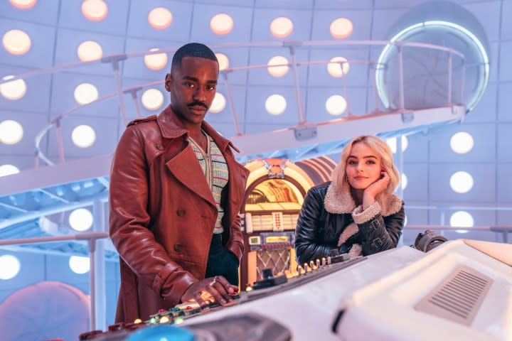 Ncuti Gatwa and Millie Gibson stand in the TARDIS in Doctor Who.