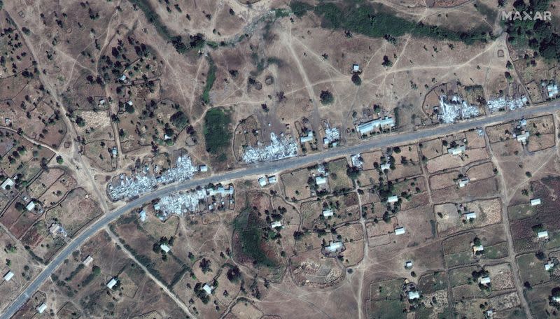 An overview of destroyed buildings near Dansha airport in Dansha, Ethiopia