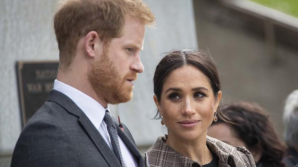 Image of Harry and Meghan looking concerned