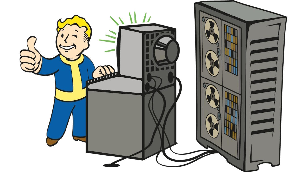  Fallout 4 Hacker perk image - Vault Boy standing in front of a PC giving a thumbs up. 