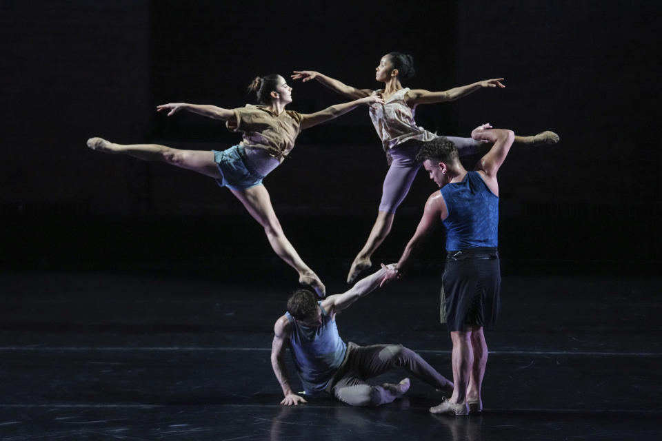 This photo provided by Joyce Theater shows Daisy Jacobson, Miriam Gittens, Jake Tribus, Reed Tankersley in “Twyla Tharp Dance." at New York's intimate Joyce Theater. Choreographer Twyla Tharp has been making dances for six decades, and she's still creating at 82. Her latest production is a three-part show, “Twyla Tharp Dance,” at New York's intimate Joyce Theater. (Steven Pisano/Joyce Theater via AP)