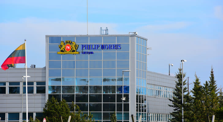 A Phillip Morris (PM) sign on a glass building.