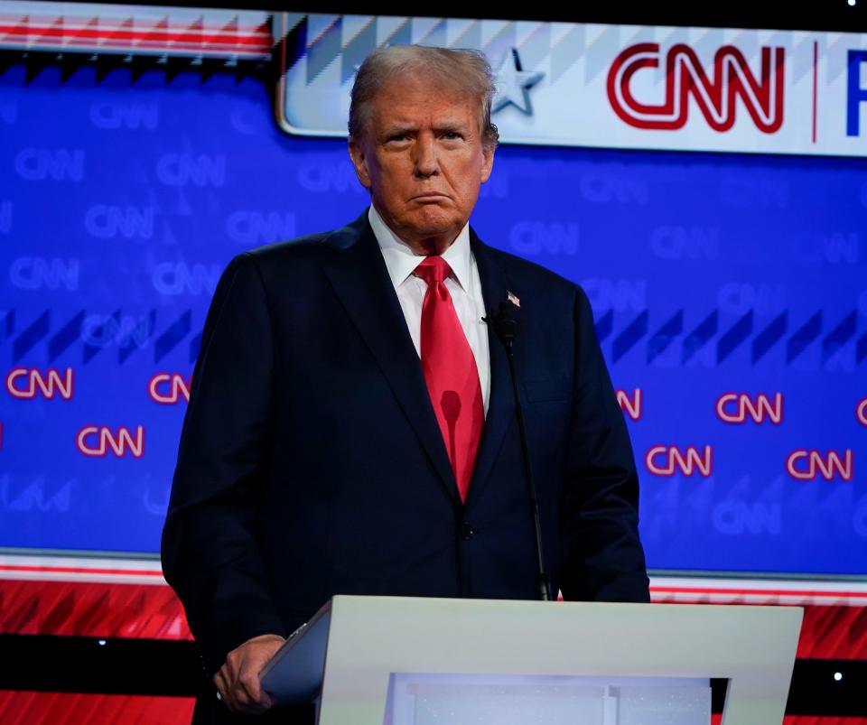 Jun 27, 2024; Atlanta, GA, USA; Former President Donald Trump during the debate at CNN's studios in Atlanta. CNN Anchors Jake Tapper and Dana Bash are moderators of the debate. Mandatory Credit: Jack Gruber-USA TODAY