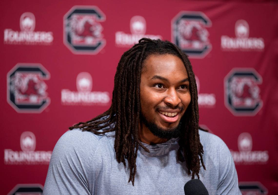 South Carolina transfer Trey Knox answers questions during an interview in Columbia on March 2