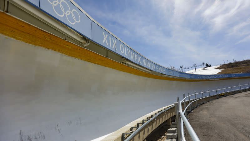 A curve on the bobsled track at the Utah Olympic Park in Park City is pictured on Monday, April 25, 2022.