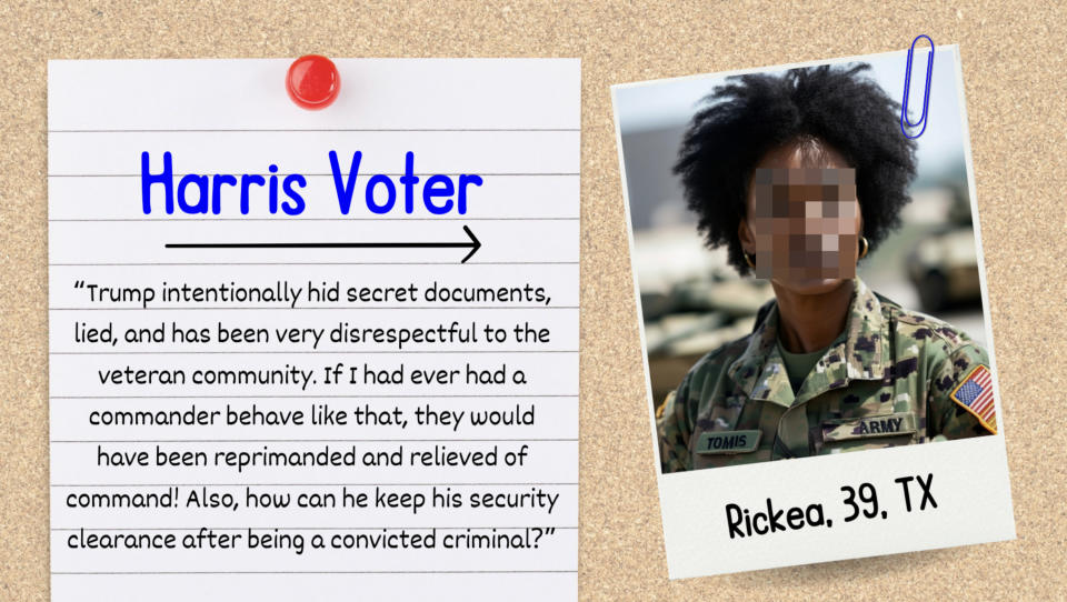 Harris Voter: Quote from Rickea, 39, TX, in military uniform, criticizing Trump's handling of documents and questioning his security clearance given his criminal record