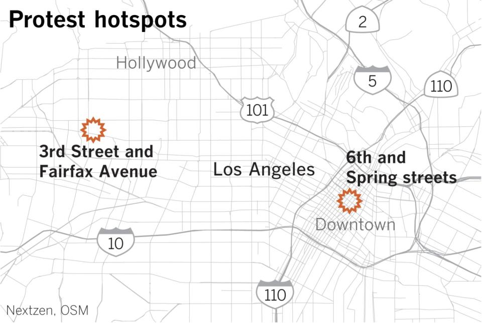 Areas of unrest in downtown L.A. and on the Westside.