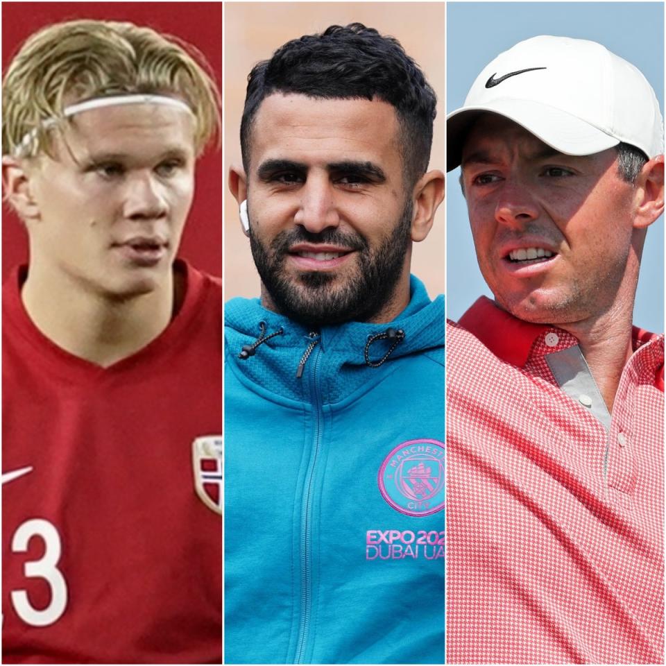 Erling Haaland (left), Riyad Mahrez (centre) and Rory McIlroy (Fredrikh Hagen/Martin Rickett/Richard Sellers/PA)