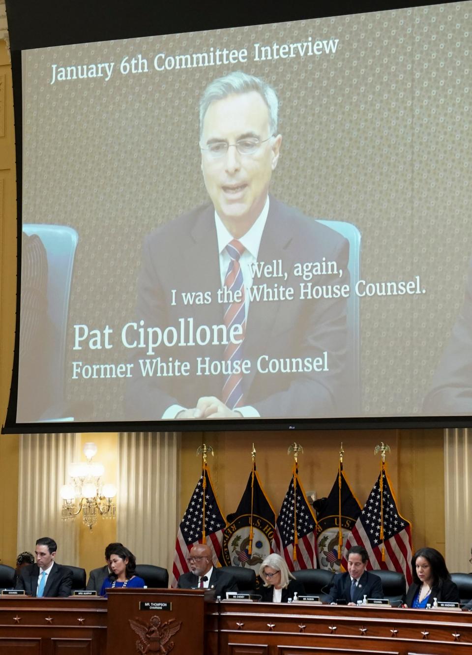 Former White House counsel Pat Cipollone is seen on a video during a public hearing of the U.S. House Select Committee to investigate the January 6 Attack on the U.S. Capitol, on Capitol Hill in Washington, U.S., July 12, 2022.
