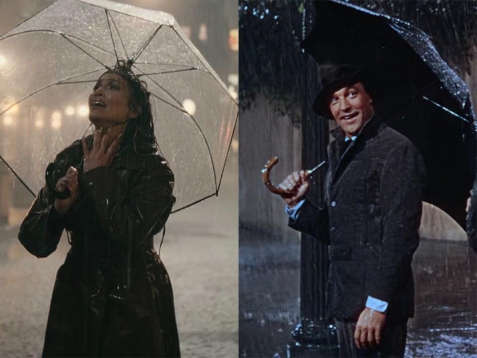 Left: Jennifer Lopez in "This Is Me... Now: A Love Story." Right: Gene Kelly in "Singin' in the Rain."