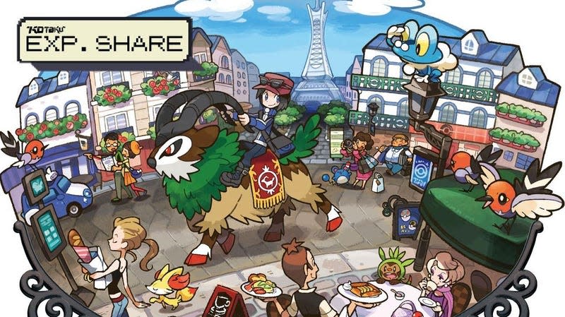 A trainer is seen riding a Gogoat through a Pokemon city.