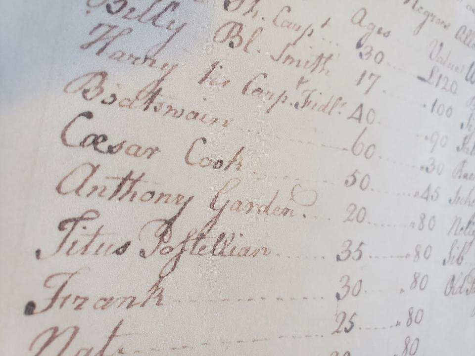 Detail from a 1782 inventory of Philip Ludwell Lee’s estate, listing the name of chocolatier and chef Caesar. <a href="https://www.stratfordhall.org/" rel="nofollow noopener" target="_blank" data-ylk="slk:Stratford Hall;elm:context_link;itc:0;sec:content-canvas" class="link ">Stratford Hall</a>, Author provided